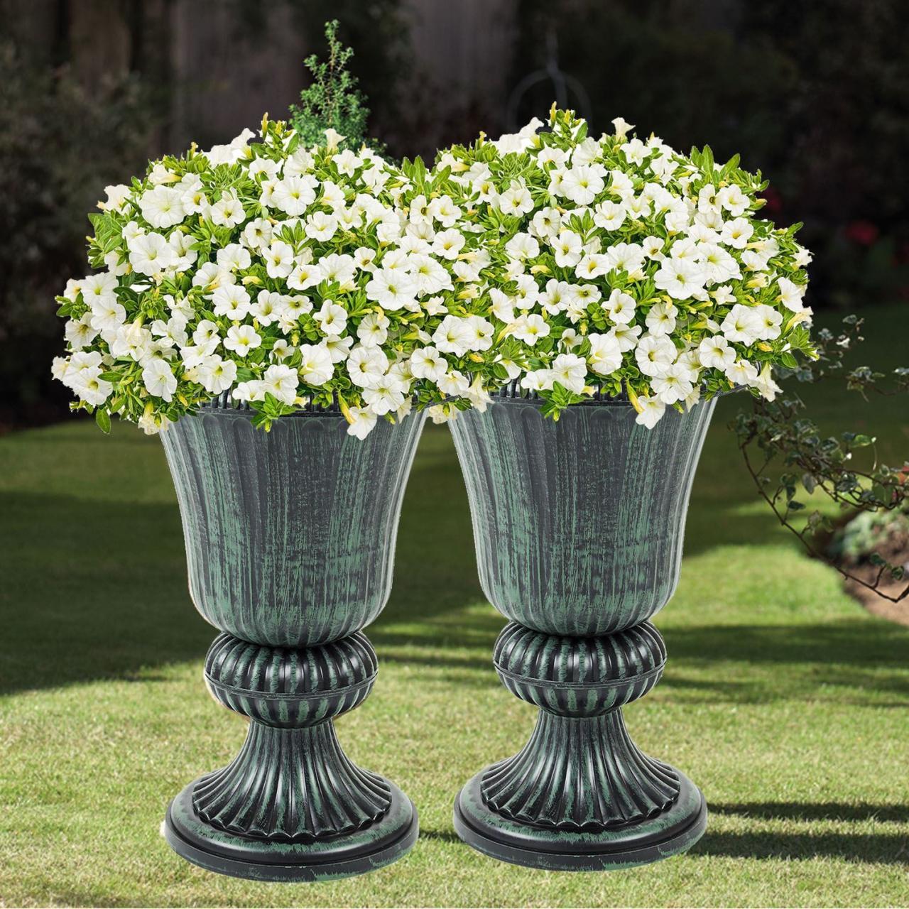 Set of 2 Green Garden Urn Patio Planters Outdoor & Indoor Large Plant