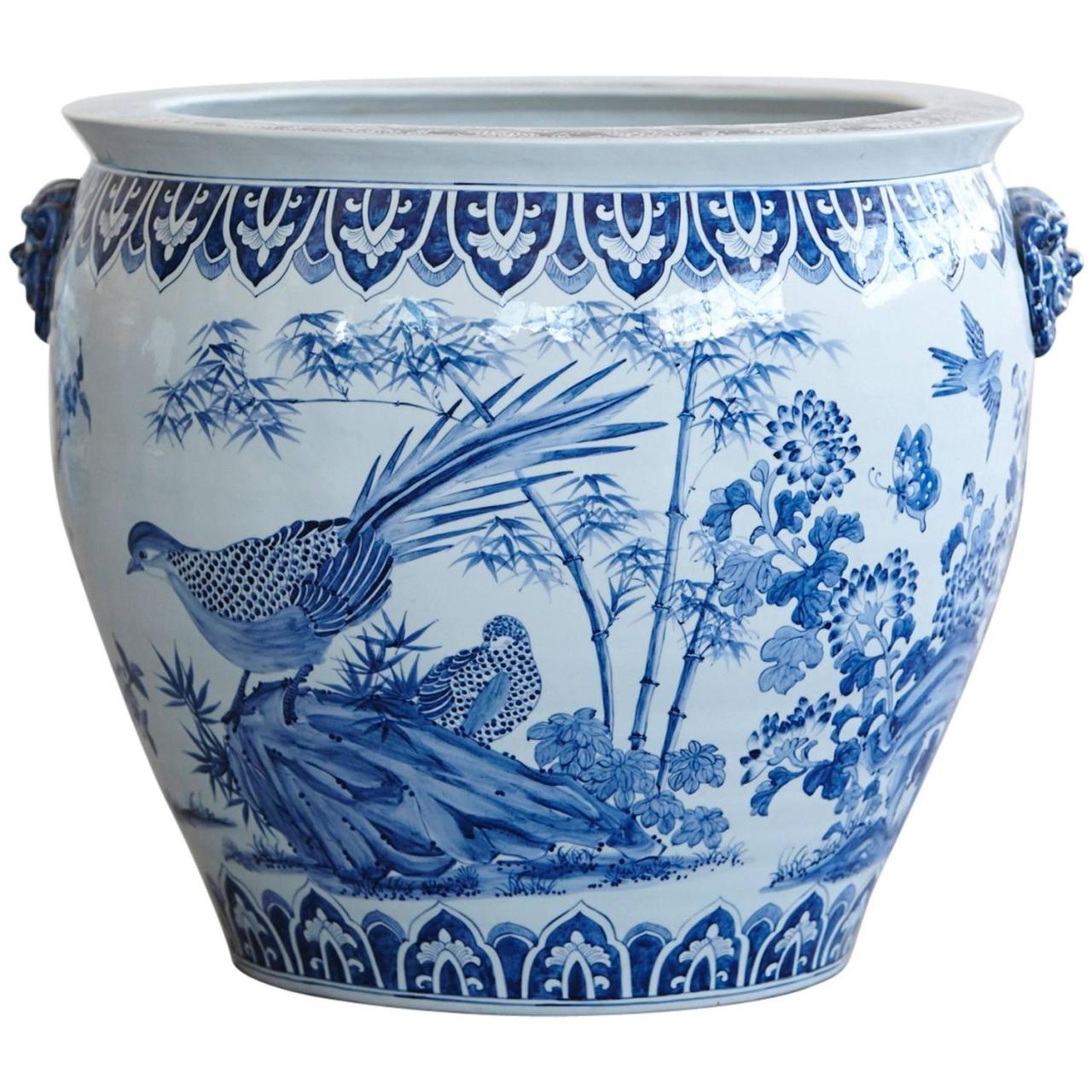 Large Chinese Blue and White Porcelain Jardinière or Planter at 1stdibs