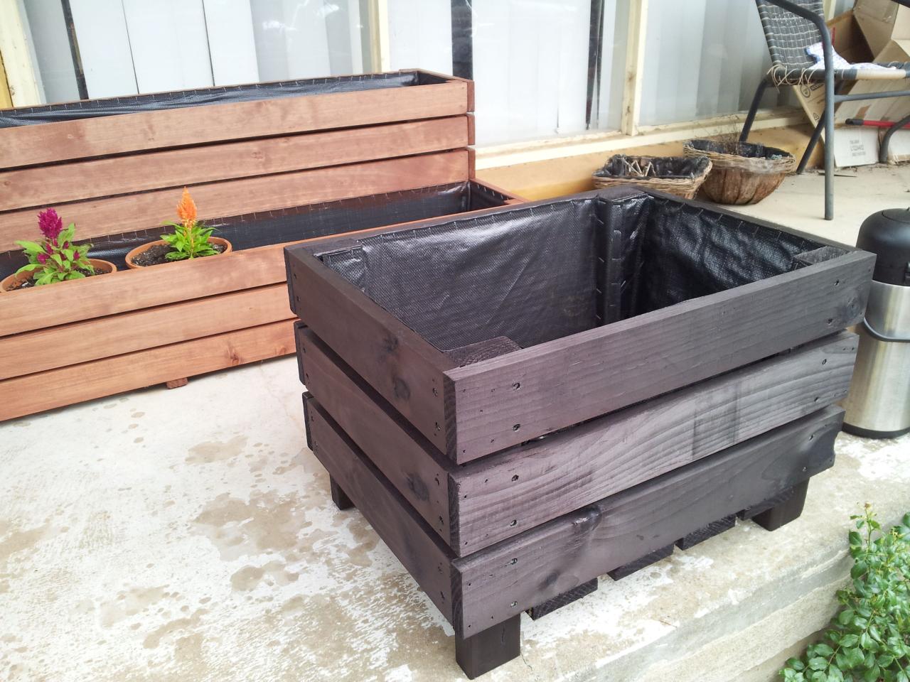 Tree planter box, stained in black Wood planters, Tree planters