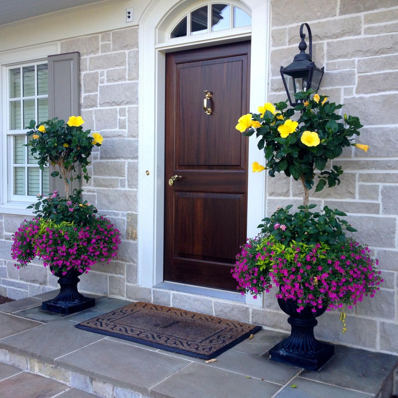 Hibiscus planters Porch flowers, Front porch planters, Front porch